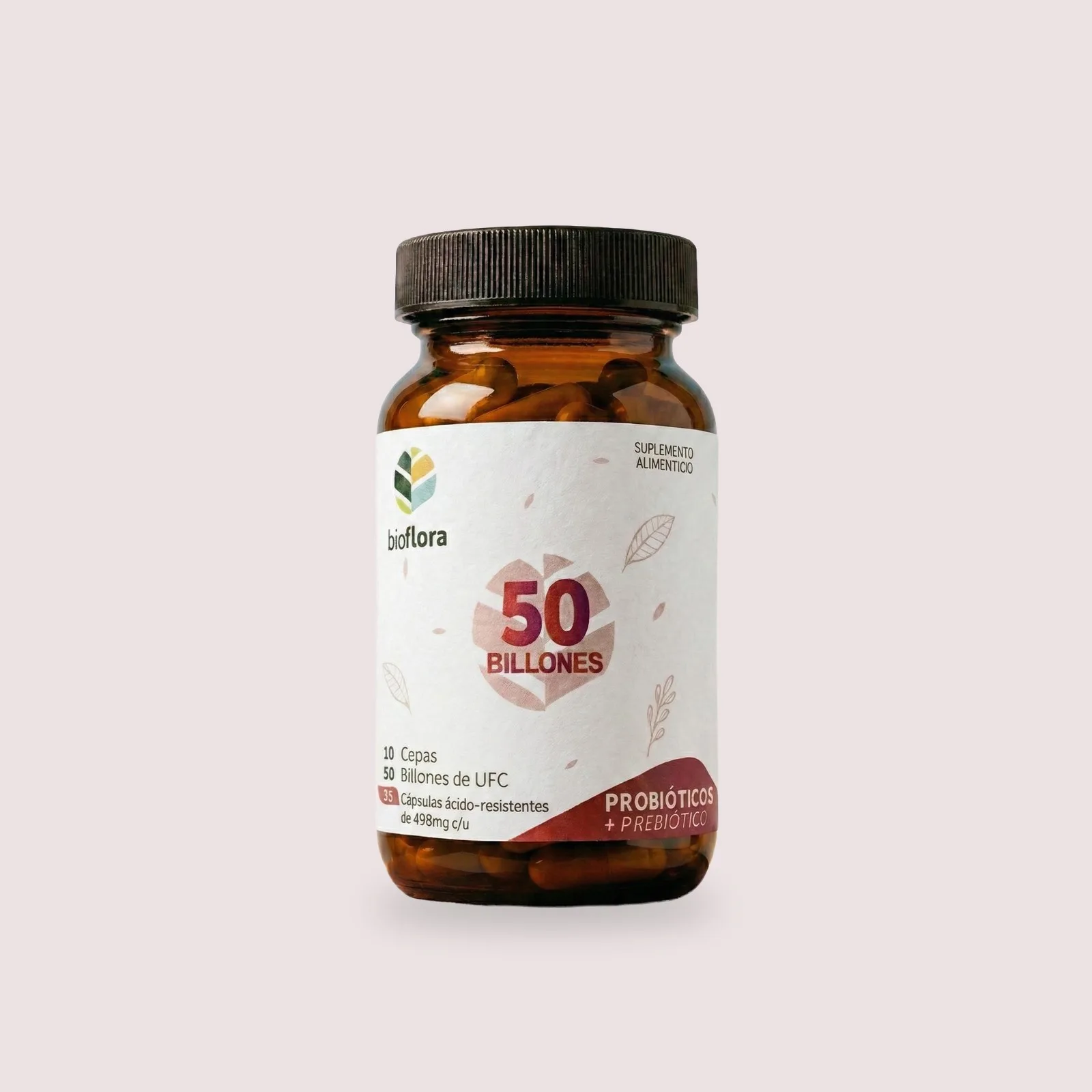 Frasco de Bioflora 50 Billones sobre un fondo rosa grisáceo; el 50 va en rojo vino sobre la flor.