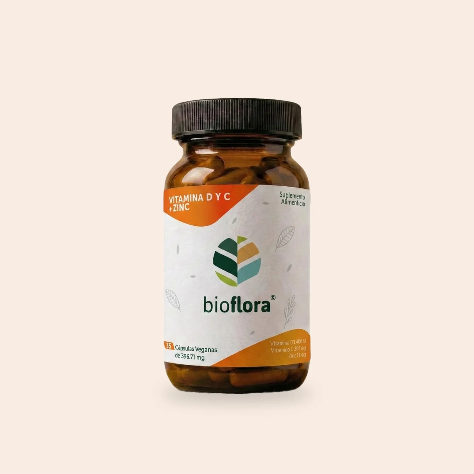 Frasco de Bioflora Vitamina D y C + Zinc sobre un fondo durazno claro, con su banda naranja arriba y el logotipo a color al centro.