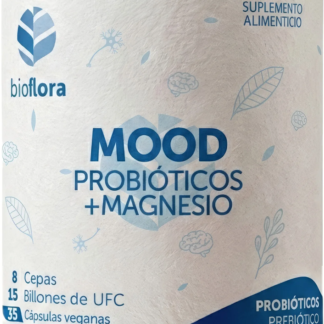 Acercamiento a la etiqueta de Bioflora MOOD: la flor y la palabra bioflora en azul, MOOD PROBIÓTICOS + MAGNESIO al centro, y alrededor hojas, neuronas y cerebros dibujados a línea.