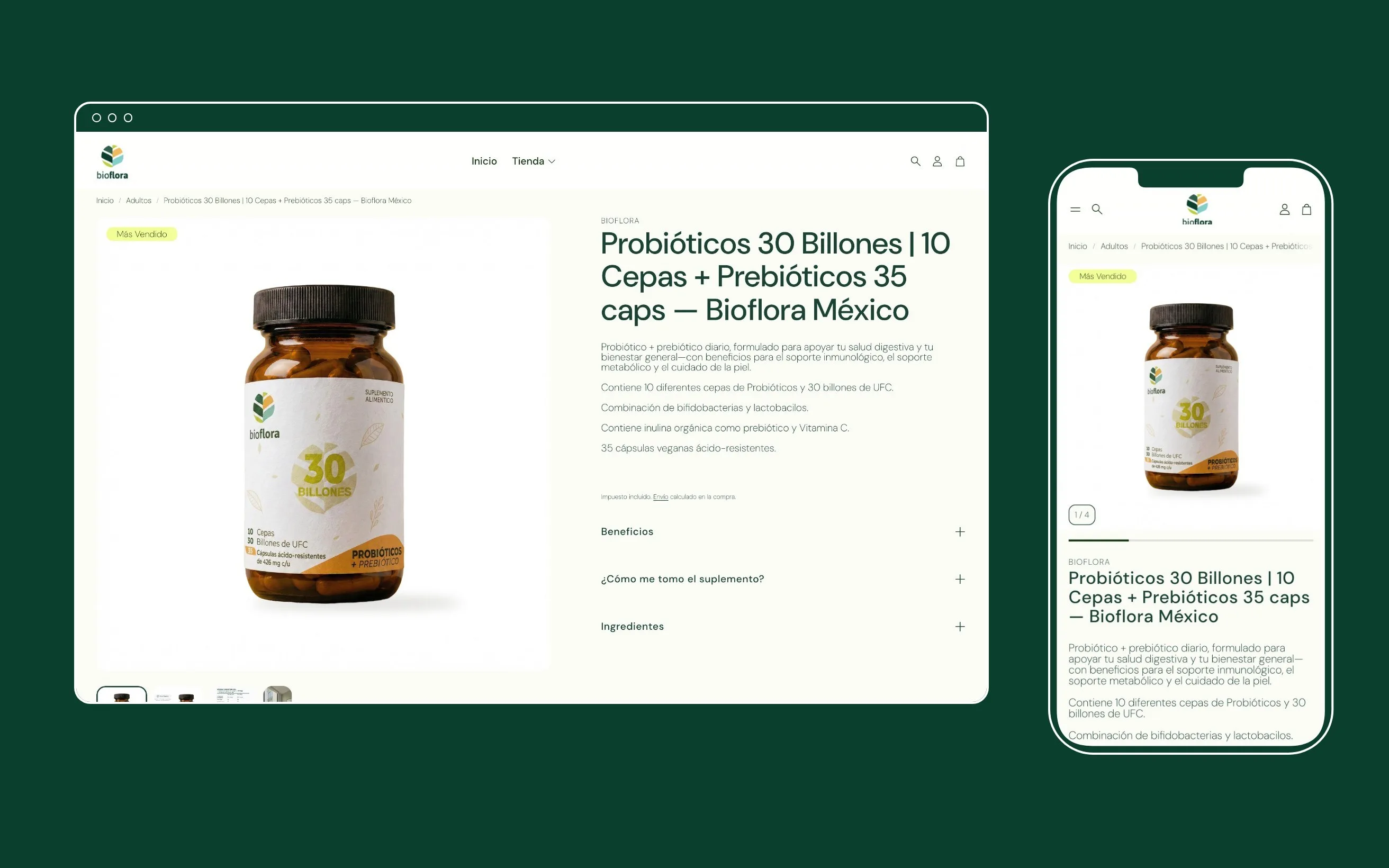 La ficha de Bioflora 30 Billones en bioflora.mx, en una ventana de computadora y en un celular dibujados en línea blanca sobre verde oscuro.