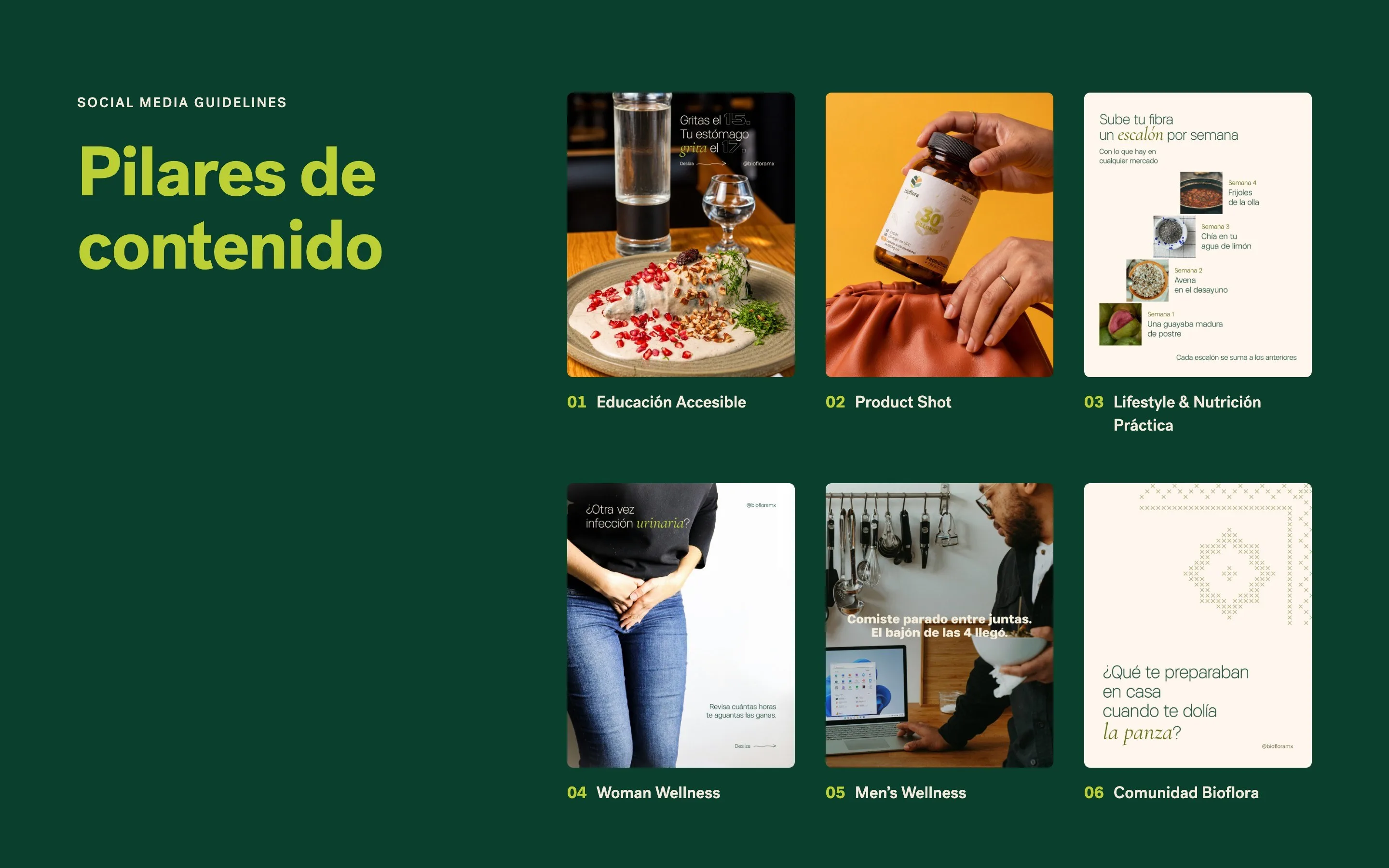 Lámina del manual de redes sobre verde oscuro: el título «Pilares de contenido» en lima y una retícula con un post real por pilar: Educación Accesible, Product Shot, Lifestyle & Nutrición Práctica, Woman Wellness, Men's Wellness y Comunidad Bioflora.