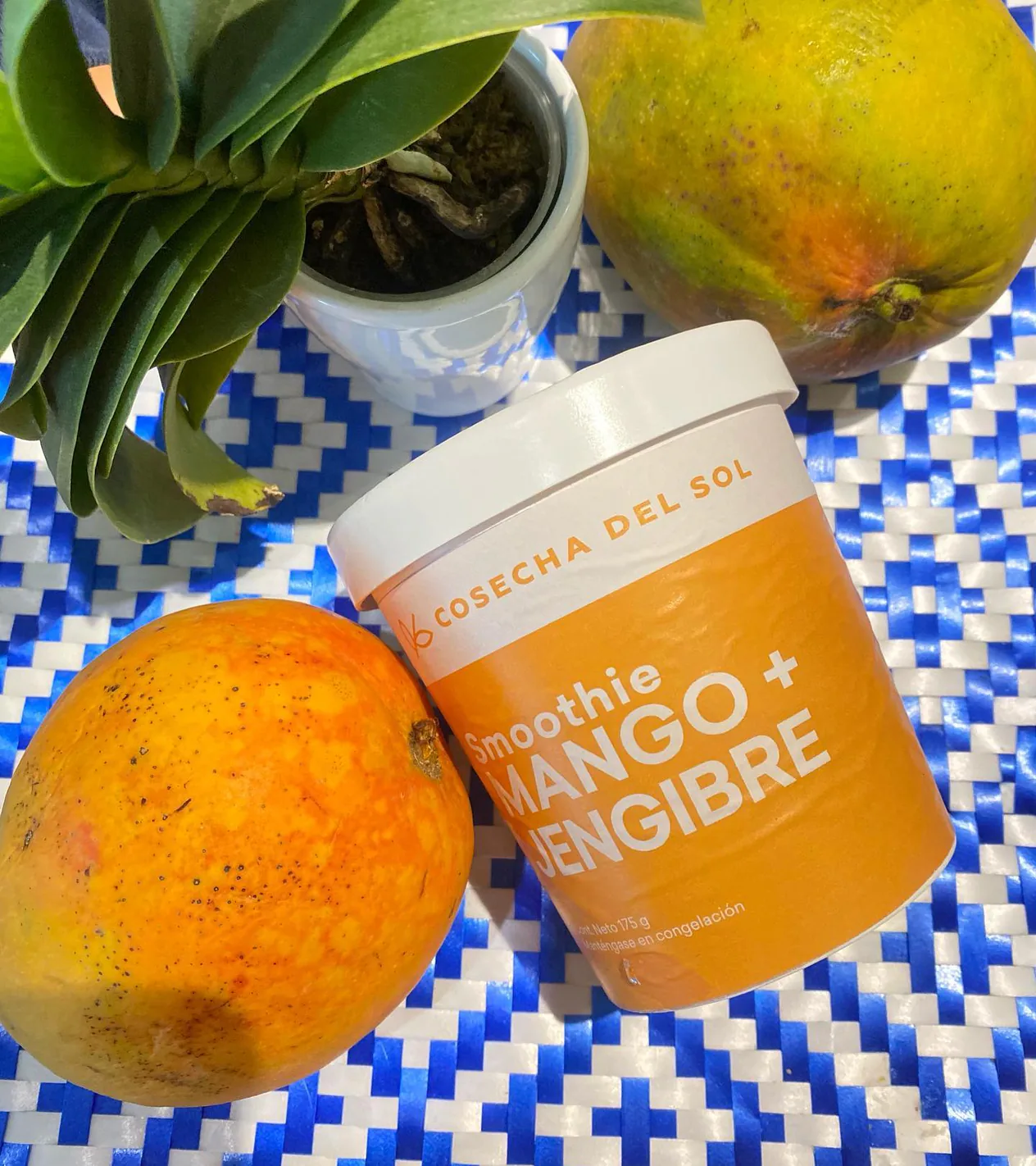 Empaque de smoothie Mango + Jengibre entre dos mangos, sobre un tejido azul y blanco.
