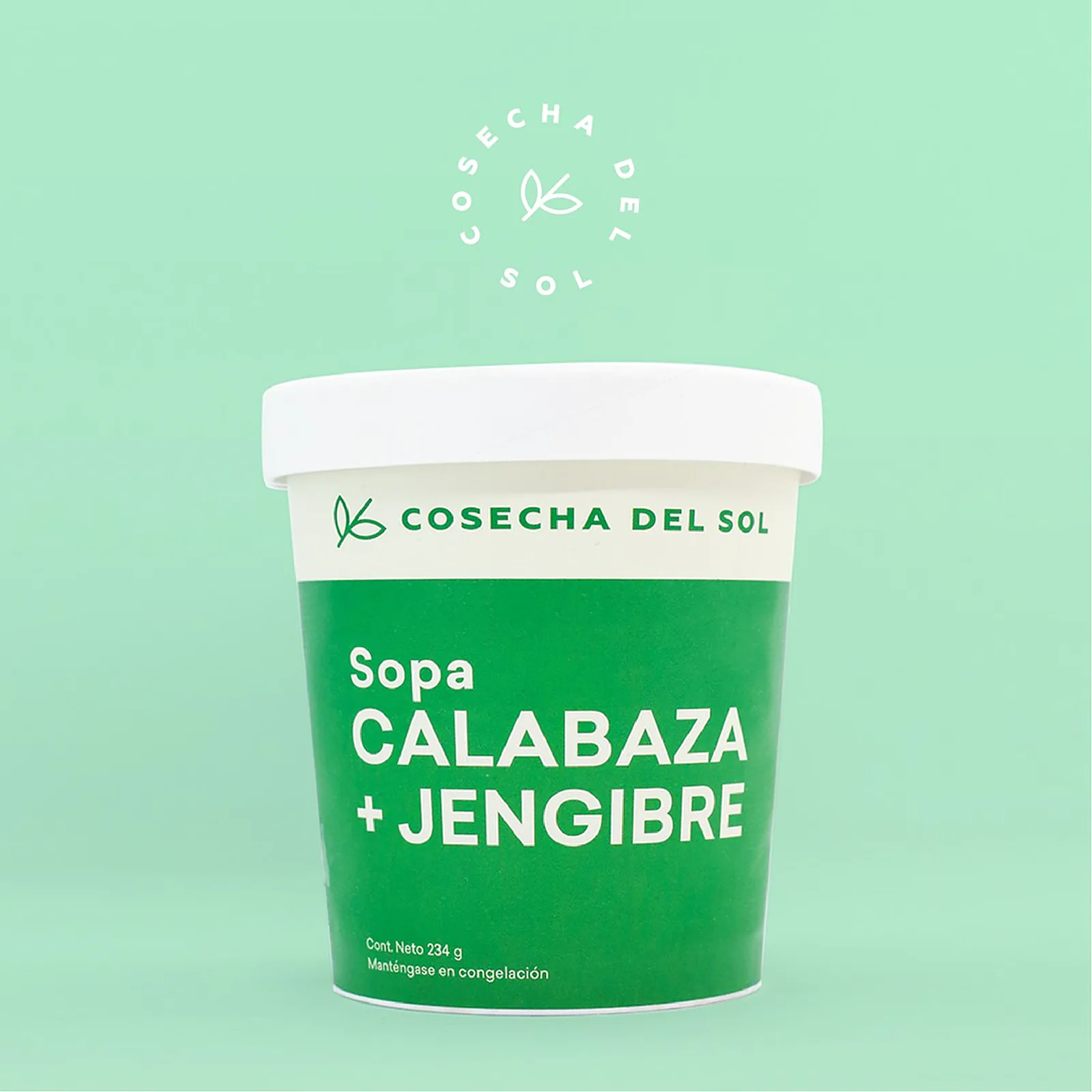 Empaque verde de sopa Calabaza + Jengibre bajo el logotipo circular, sobre fondo verde menta.