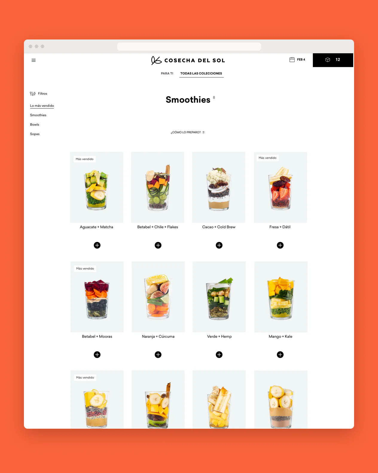 Lista de smoothies de la tienda, cada sabor con su botón “+”, en una ventana de navegador sobre naranja.