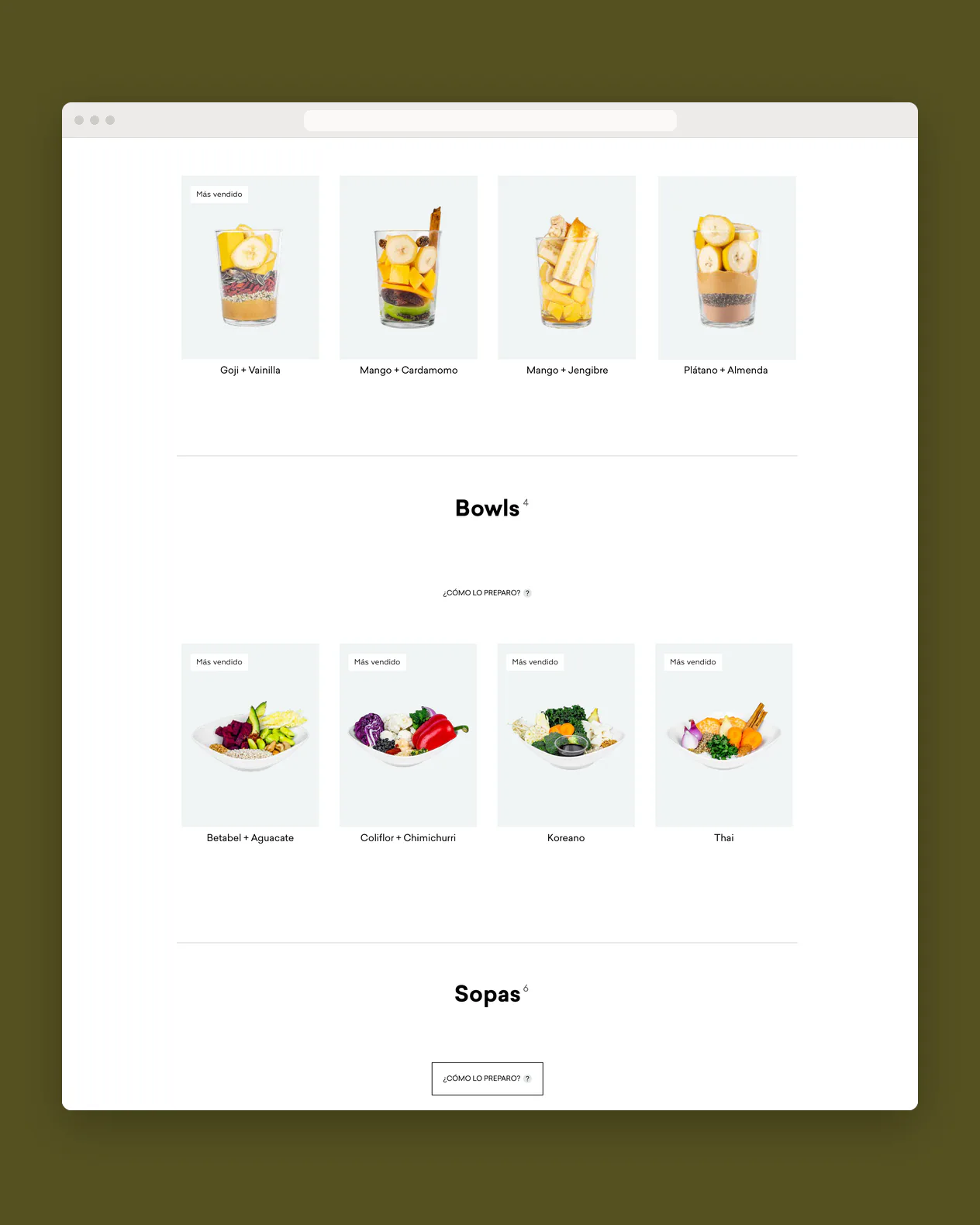 Lista de la tienda con smoothies y bowls, y el título de las sopas, en una ventana de navegador sobre verde olivo.