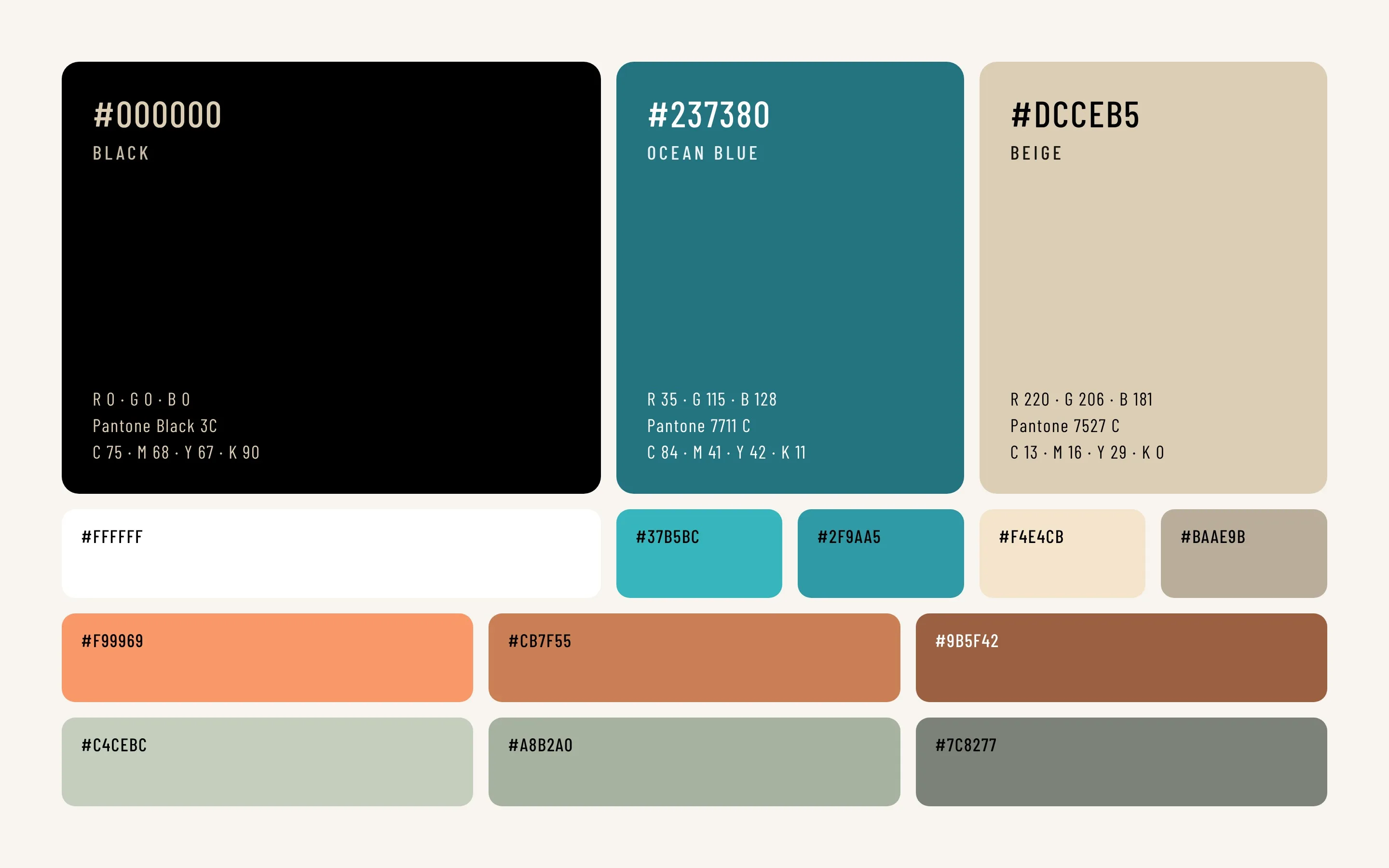 Paleta de Fluente: negro, azul y beige en tres bloques grandes con sus valores; abajo, el blanco, dos tonos más de azul y de beige, y filas de terracota y de salvia en tres tonos.