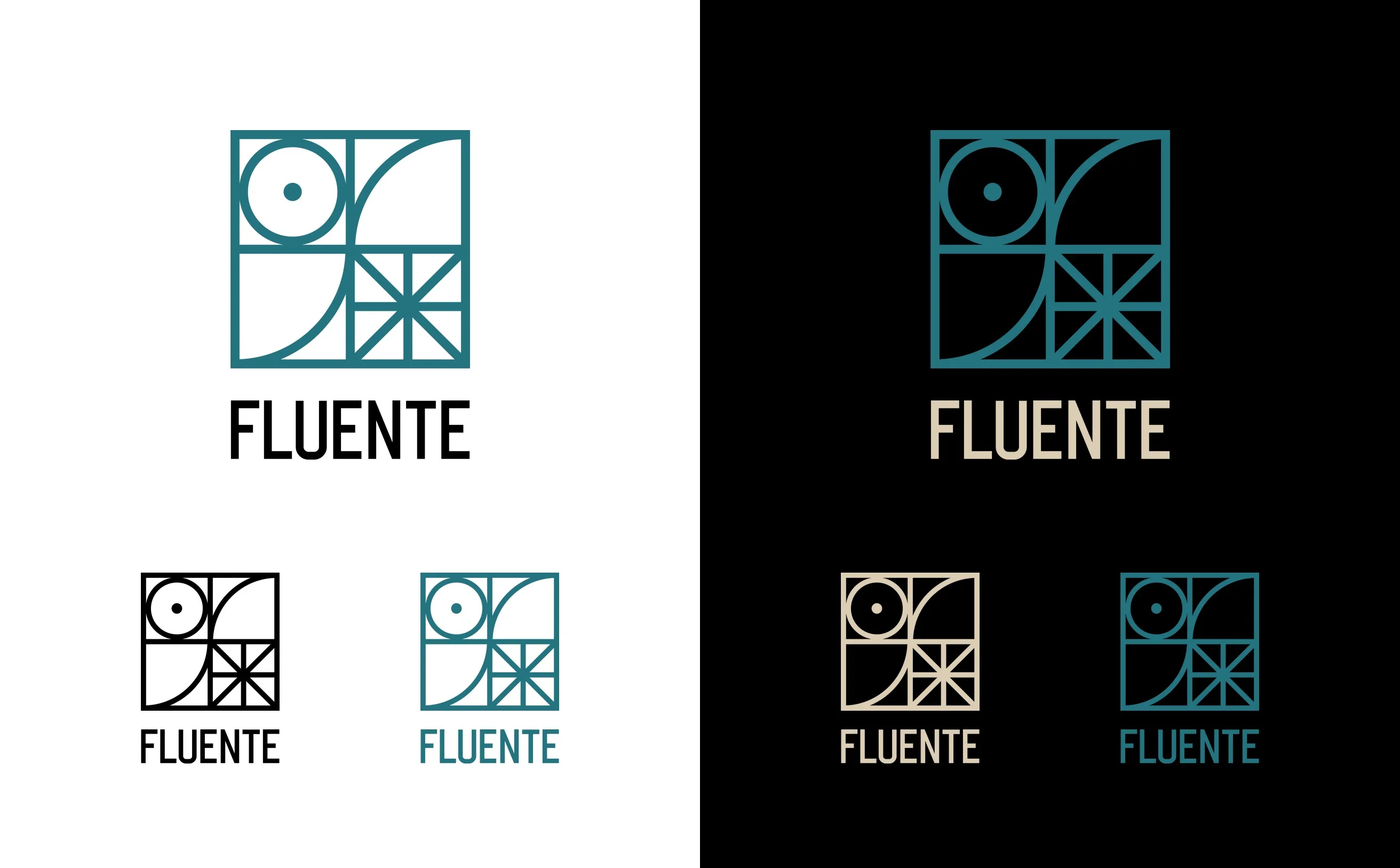 Versiones de color del logotipo de Fluente, a una tinta y a dos colores, sobre fondo claro y oscuro.