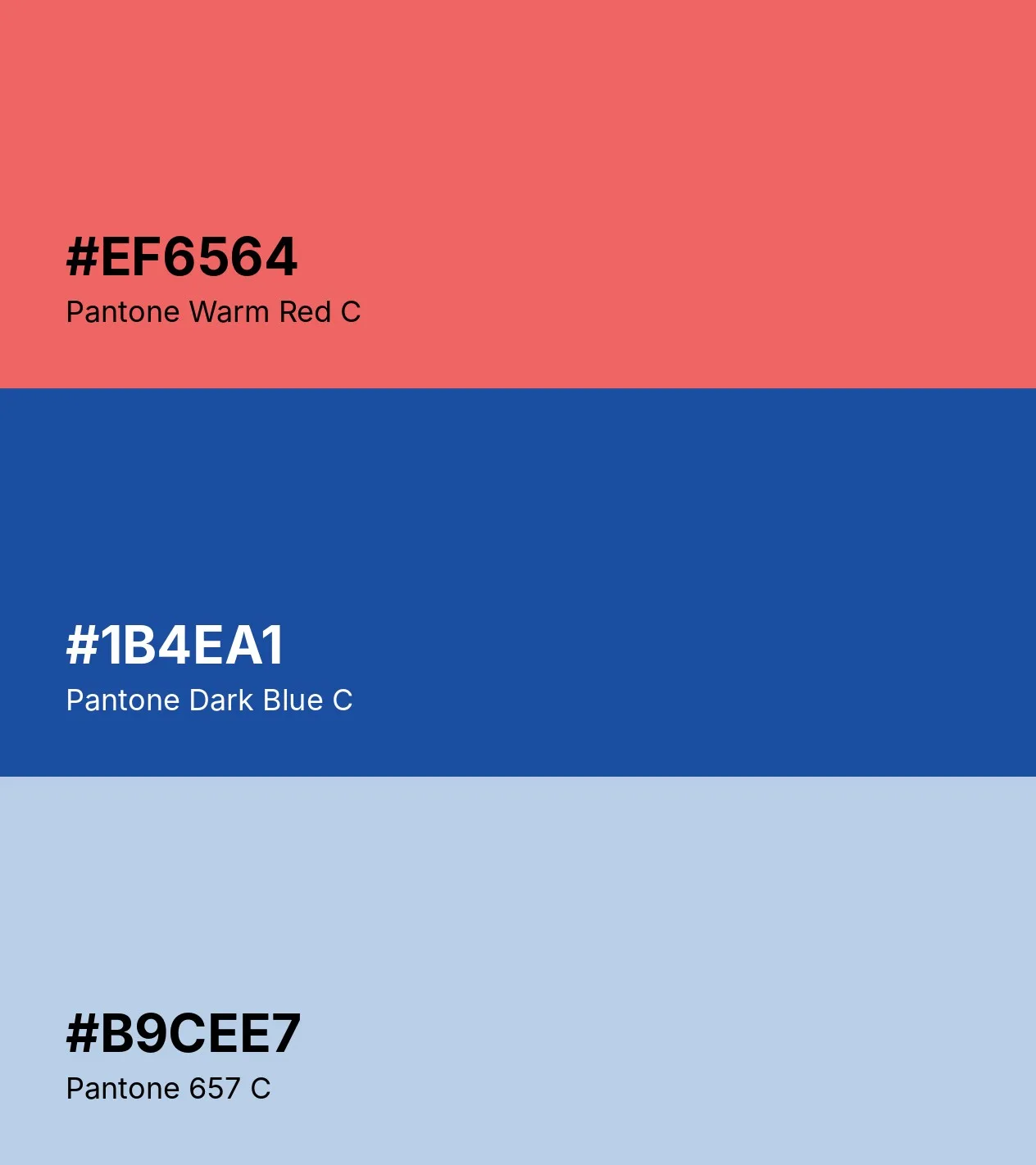Paleta cromática en tres franjas, rojo cálido, azul y azul claro, cada una con su código HEX y su Pantone.