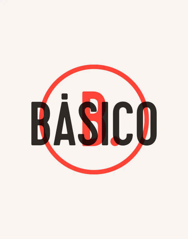 Versión alternativa del logotipo de Básico: la palabra BÁSICO sobre un círculo rojo grande con la B.