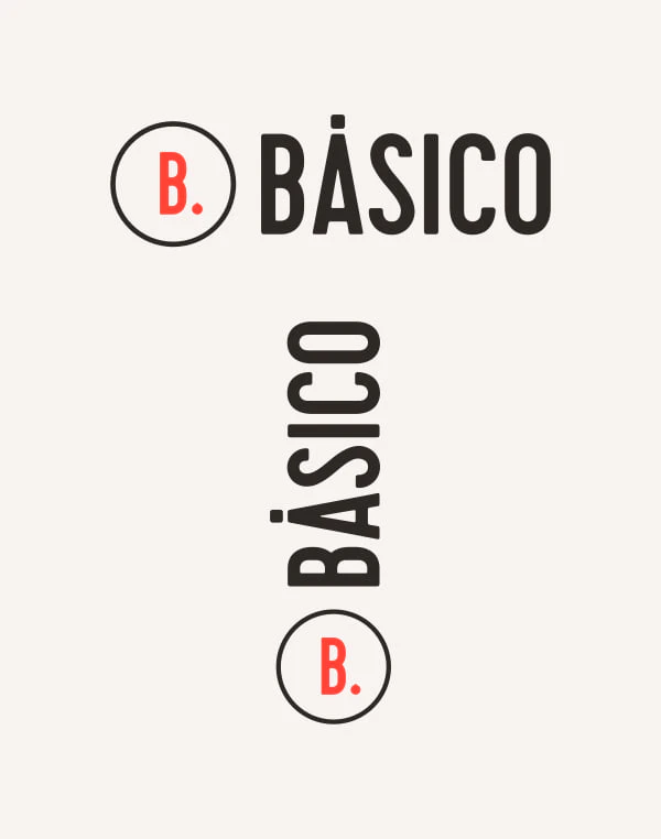 Logotipo de Básico en horizontal, con la B. en su círculo junto a BÁSICO, y en vertical, con BÁSICO de abajo hacia arriba.