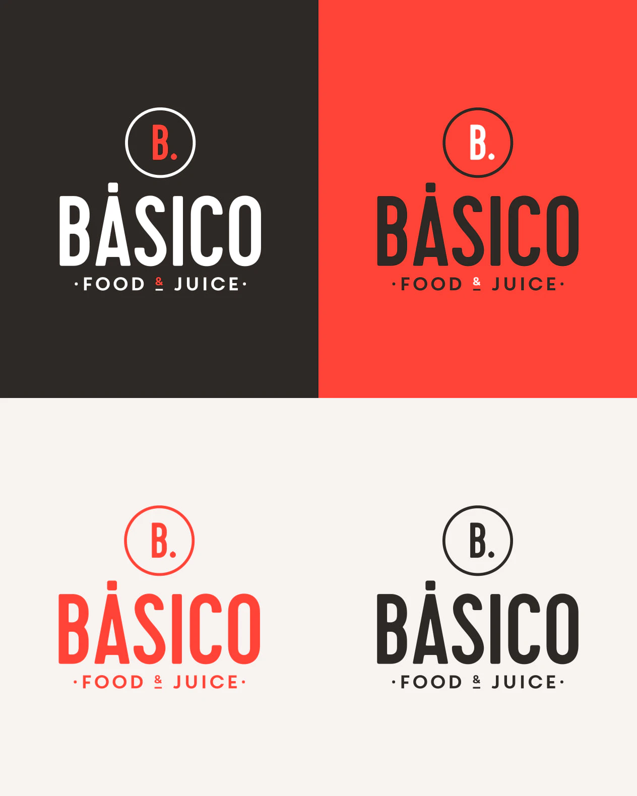 Lámina de los usos de color del logotipo de Básico: en negativo sobre negro y sobre rojo, y a una tinta.