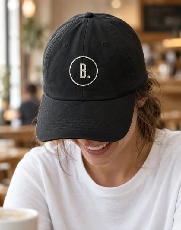 Gorra negra con la B. de Básico bordada al frente.