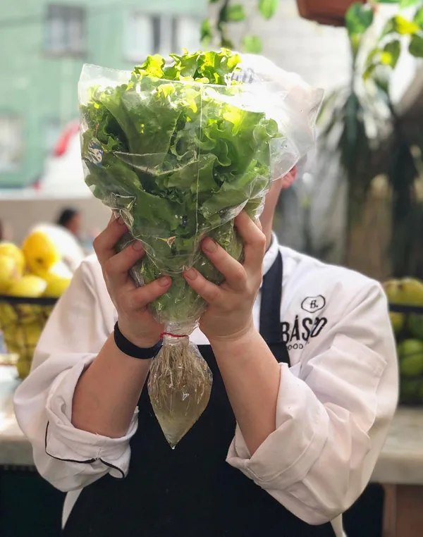 Persona con filipina blanca y el logotipo de Básico bordado, que se tapa la cara con un manojo de verduras.