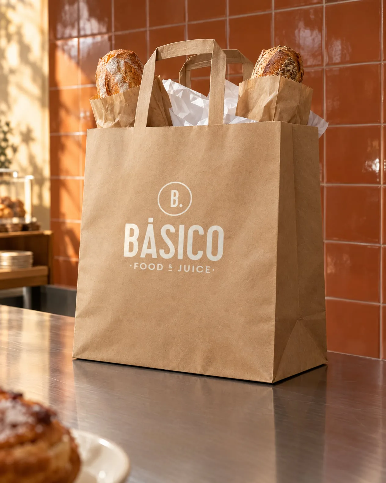 Bolsa de papel kraft con el logotipo de Básico impreso al centro.