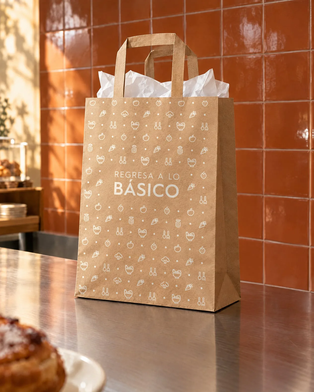 Bolsa de papel kraft con un patrón de íconos y «Regresa a lo básico», parada sobre una barra, con papel de china asomando.